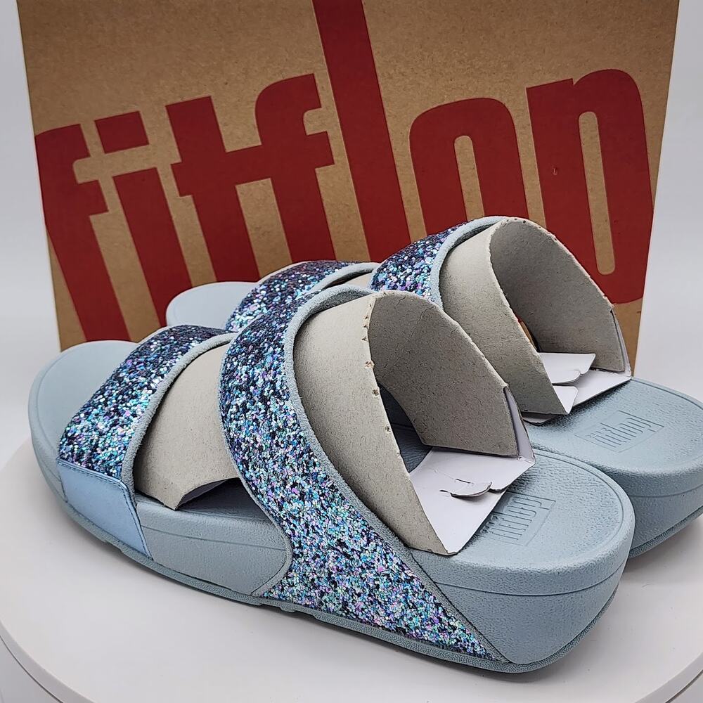 NEW - FitFlop Lulu Women’s Quiet Blue Glitter Wedge Sandals Comfort Size 10 - Picture 3 of 8